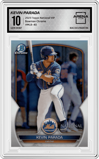 Kevin Parada from the 2023 Topps The National VIP set graded by Arena Club and given an overall grade of 10.