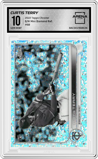 Curtis Terry from the 2022 Topps Chrome set featuring a Black/White Mini Diamond Refractor parallel graded by Arena Club and given an overall grade of 10.