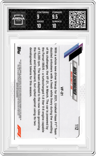 Mick Schumacher from the 2021 Topps Chrome Sapphire Edition Formula 1 set graded by Arena Club and given an overall grade of 9.5.