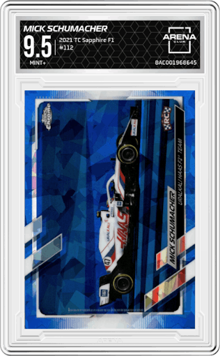 Mick Schumacher from the 2021 Topps Chrome Sapphire Edition Formula 1 set graded by Arena Club and given an overall grade of 9.5.