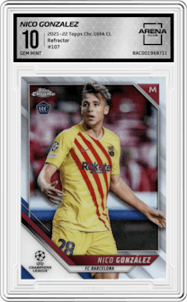 Nico Gonzalez from the 2021-22 Topps Chrome UEFA Champions League set featuring a Refractor parallel graded by Arena Club and given an overall grade of 10.