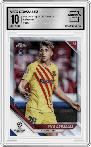 Nico Gonzalez from the 2021-22 Topps Chrome UEFA Champions League set featuring a Refractor parallel graded by Arena Club and given an overall grade of 10.