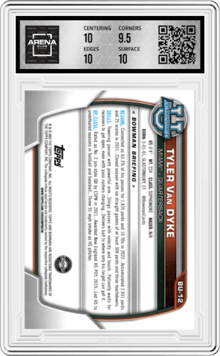 Tyler Van Dyke from the 2023 Topps The National VIP set graded by Arena Club and given an overall grade of 10.