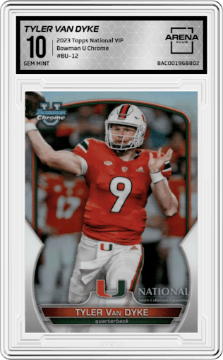Tyler Van Dyke from the 2023 Topps The National VIP set graded by Arena Club and given an overall grade of 10.