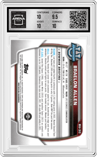 Braelon Allen from the 2023 Topps The National VIP set graded by Arena Club and given an overall grade of 10.
