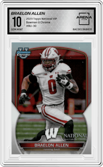Braelon Allen from the 2023 Topps The National VIP set graded by Arena Club and given an overall grade of 10.