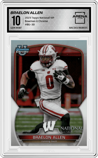 Braelon Allen from the 2023 Topps The National VIP set graded by Arena Club and given an overall grade of 10.