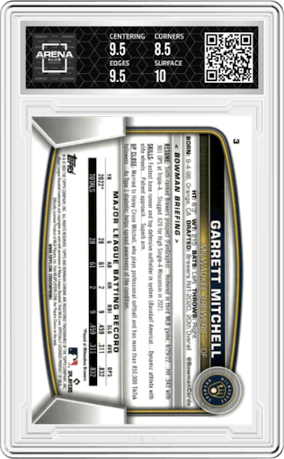 Garrett Mitchell from the 2023 Bowman Chrome set graded by Arena Club and given an overall grade of 9.