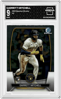 Garrett Mitchell from the 2023 Bowman Chrome set graded by Arena Club and given an overall grade of 9.