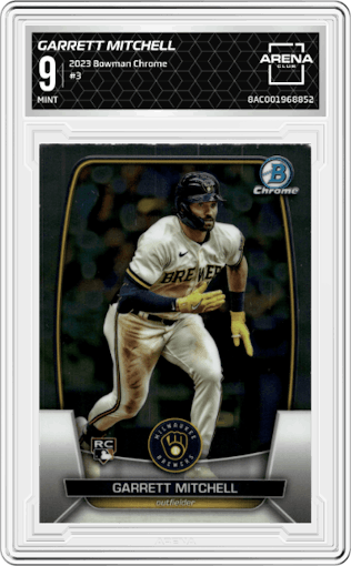 Garrett Mitchell from the 2023 Bowman Chrome set graded by Arena Club and given an overall grade of 9.
