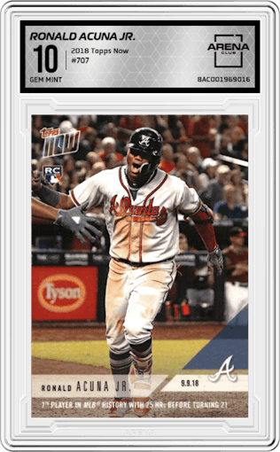 Ronald Acuna Jr. from the 2018 Topps Now set graded by Arena Club and given an overall grade of 10.