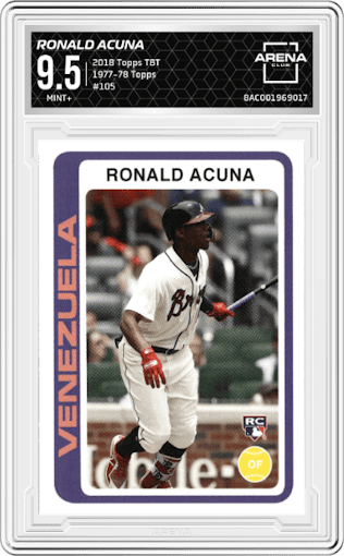 Ronald Acuna from the 2018 Topps Throwback Thursday set graded by Arena Club and given an overall grade of 9.5.