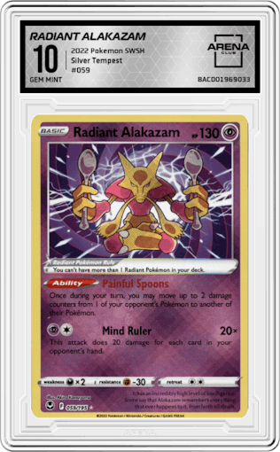 Radiant Alakazam from the 2022 Pokemon SWSH set graded by Arena Club and given an overall grade of 10.