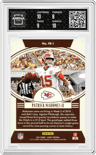 Patrick Mahomes II from the 2021 Panini Legacy set graded by Arena Club and given an overall grade of 8.5.