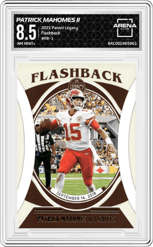 Patrick Mahomes II from the 2021 Panini Legacy set graded by Arena Club and given an overall grade of 8.5.