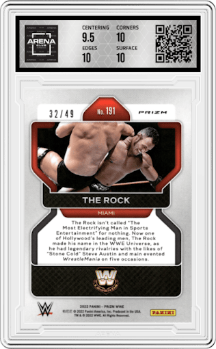 The Rock from the 2022 Panini Prizm WWE Debut Edition  set featuring a Teal Prizm  parallel graded by Arena Club and given an overall grade of 10.