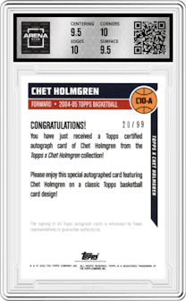Chet Holmgren from the 2022 Topps X Chet Holmgren set graded by Arena Club and given an overall grade of 10.
