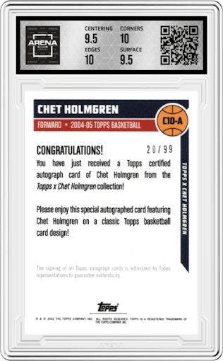 Chet Holmgren from the 2022 Topps X Chet Holmgren set graded by Arena Club and given an overall grade of 10.