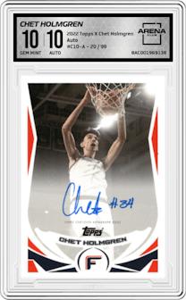 Chet Holmgren from the 2022 Topps X Chet Holmgren set graded by Arena Club and given an overall grade of 10.