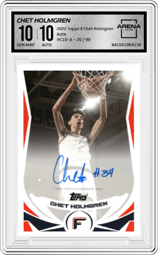 Chet Holmgren from the 2022 Topps X Chet Holmgren set graded by Arena Club and given an overall grade of 10.