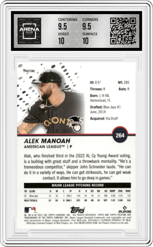 Alek Manoah from the 2023 Topps Pristine set featuring a Pristine Refractor  parallel graded by Arena Club and given an overall grade of 10.
