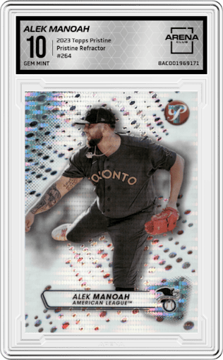 Alek Manoah from the 2023 Topps Pristine set featuring a Pristine Refractor  parallel graded by Arena Club and given an overall grade of 10.