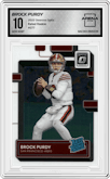 Brock Purdy from the 2022 Panini Donruss Optic set graded by Arena Club and given an overall grade of 10.