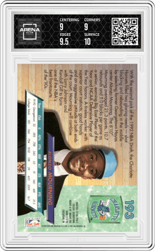 Alonzo Mourning  from the 1992-93 Fleer Ultra set graded by Arena Club and given an overall grade of 9.5.
