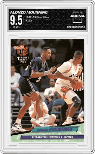 Alonzo Mourning  from the 1992-93 Fleer Ultra set graded by Arena Club and given an overall grade of 9.5.