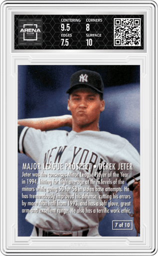 Derek Jeter from the 1995 Fleer set featuring a Variation parallel graded by Arena Club and given an overall grade of 8.