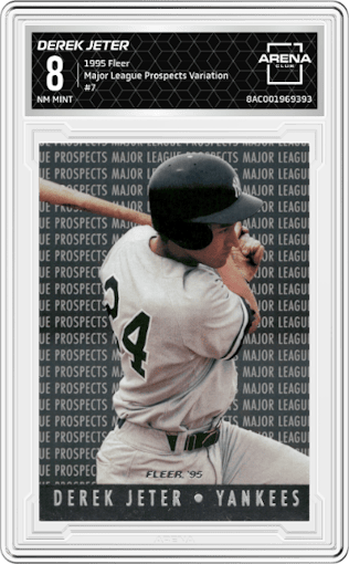 Derek Jeter from the 1995 Fleer set featuring a Variation parallel graded by Arena Club and given an overall grade of 8.