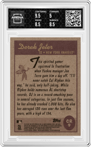 Derek Jeter from the 2001 Topps Heritage set graded by Arena Club and given an overall grade of 5.5.