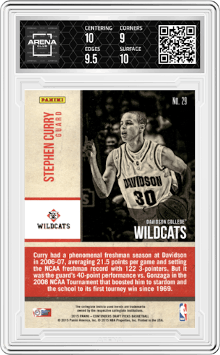 Stephen Curry from the 2015-16 Panini Contenders Draft Picks  set graded by Arena Club and given an overall grade of 9.5.