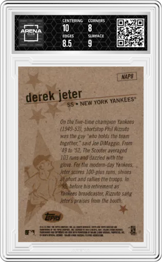 Derek Jeter from the 2001 Topps Heritage set graded by Arena Club and given an overall grade of 8.5.