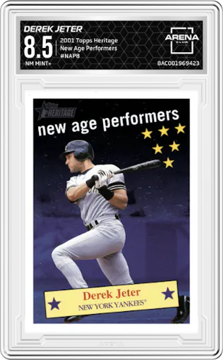 Derek Jeter from the 2001 Topps Heritage set graded by Arena Club and given an overall grade of 8.5.
