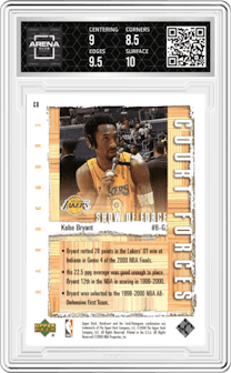 Kobe Bryant from the 2000-01 Upper Deck Hardcourt set graded by Arena Club and given an overall grade of 9.