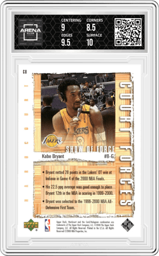 Kobe Bryant from the 2000-01 Upper Deck Hardcourt set graded by Arena Club and given an overall grade of 9.