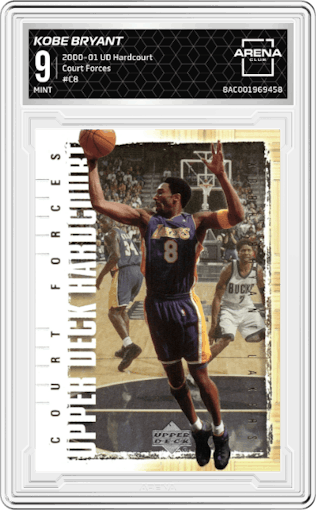 Kobe Bryant from the 2000-01 Upper Deck Hardcourt set graded by Arena Club and given an overall grade of 9.