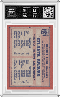 Bobby Cox from the 1991 Topps set graded by Arena Club and given an overall grade of 9.