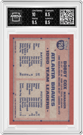 Bobby Cox from the 1991 Topps set graded by Arena Club and given an overall grade of 9.