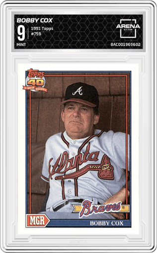 Bobby Cox from the 1991 Topps set graded by Arena Club and given an overall grade of 9.