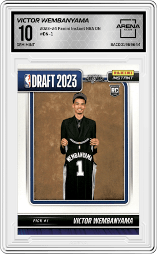 Victor Wembanyama from the 2023-24 Panini Instant NBA Draft Night set graded by Arena Club and given an overall grade of 10.