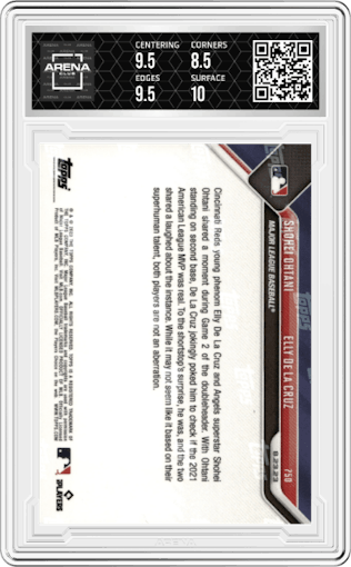 Shohei Ohtani/Elly De La Cruz from the 2023 Topps Now set graded by Arena Club and given an overall grade of 9.