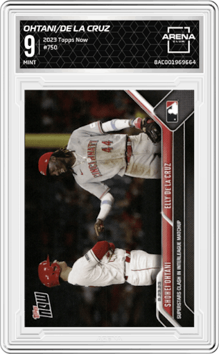 Shohei Ohtani/Elly De La Cruz from the 2023 Topps Now set graded by Arena Club and given an overall grade of 9.
