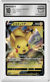 Pikachu V from the 2021 Pokemon SWSH JPN set graded by Arena Club and given an overall grade of 10.