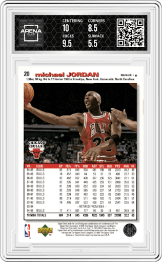Michael Jordan from the 1995-96 Upper Deck Collector's Choice International Special Edition set graded by Arena Club and given an overall grade of 9.