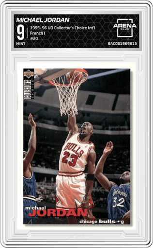 Michael Jordan from the 1995-96 Upper Deck Collector's Choice International Special Edition set graded by Arena Club and given an overall grade of 9.