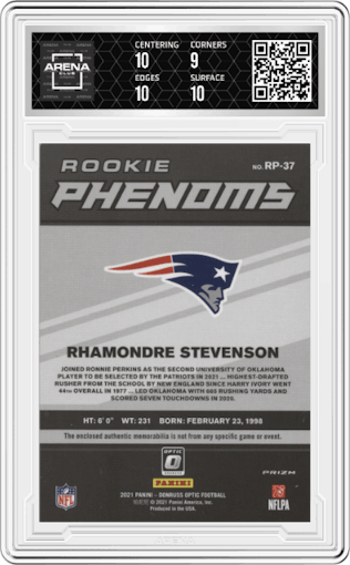 Rhamondre Stevenson from the 2021 Panini Donruss Optic set featuring a Hyper Blue parallel graded by Arena Club and given an overall grade of 9.5.