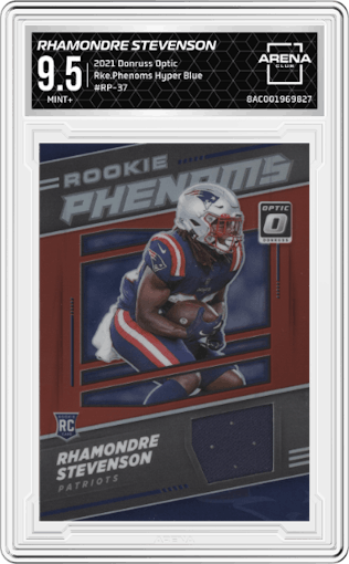 Rhamondre Stevenson from the 2021 Panini Donruss Optic set featuring a Hyper Blue parallel graded by Arena Club and given an overall grade of 9.5.