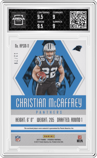 Christian McCaffrey from the 2017 Panini Phoenix set featuring a Jumbo parallel graded by Arena Club and given an overall grade of 9.5.